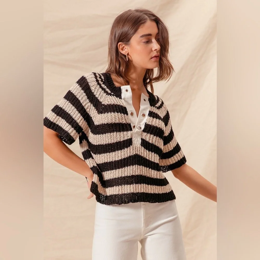 Oatmeal black eyelet boho stripe placket striped bohemian tunic top sweater - Picture 6 of 6